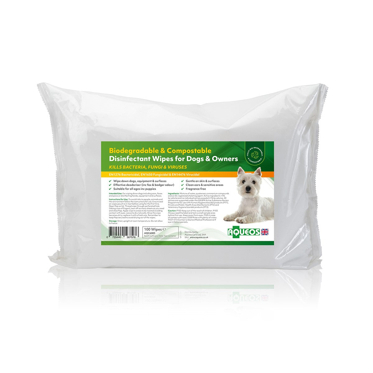 Aqueos Bio-Degradable & Compostible Disinfectant Dog Wipes